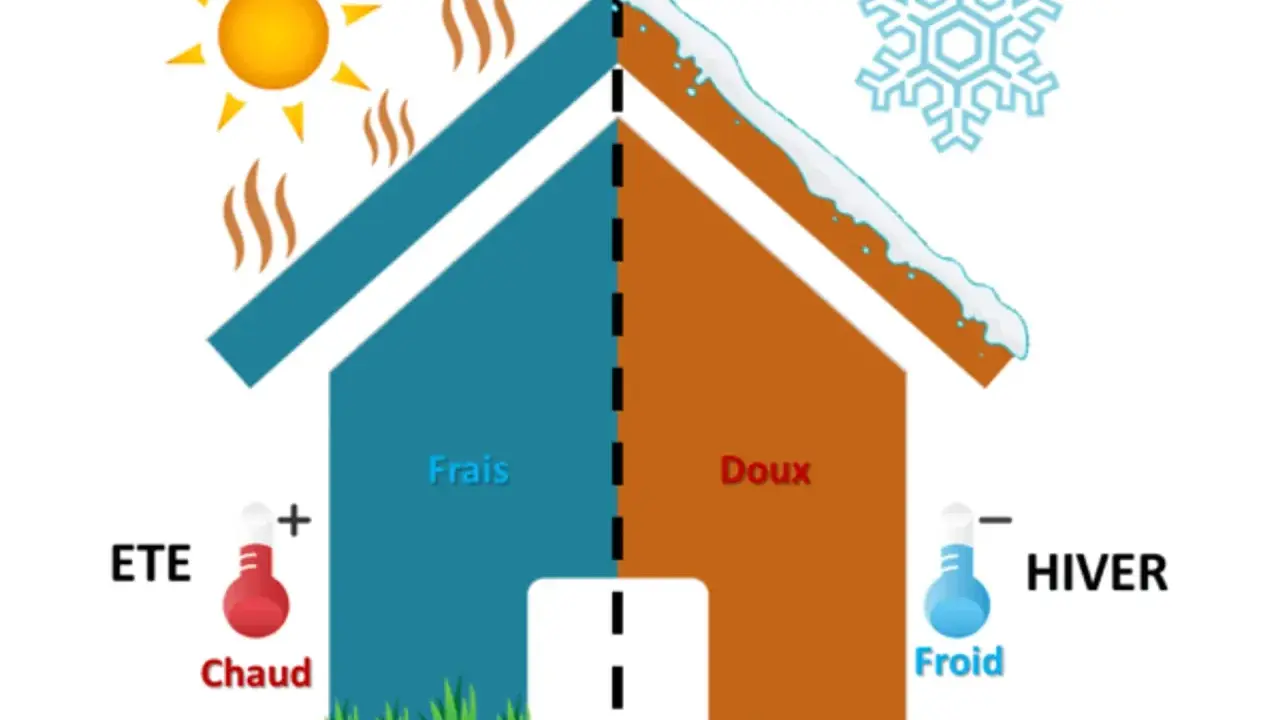 Illustration montrant comment garder la chaleur dans une maison mal isolée : soleil et chaleur en été, flocon et froid en hiver.