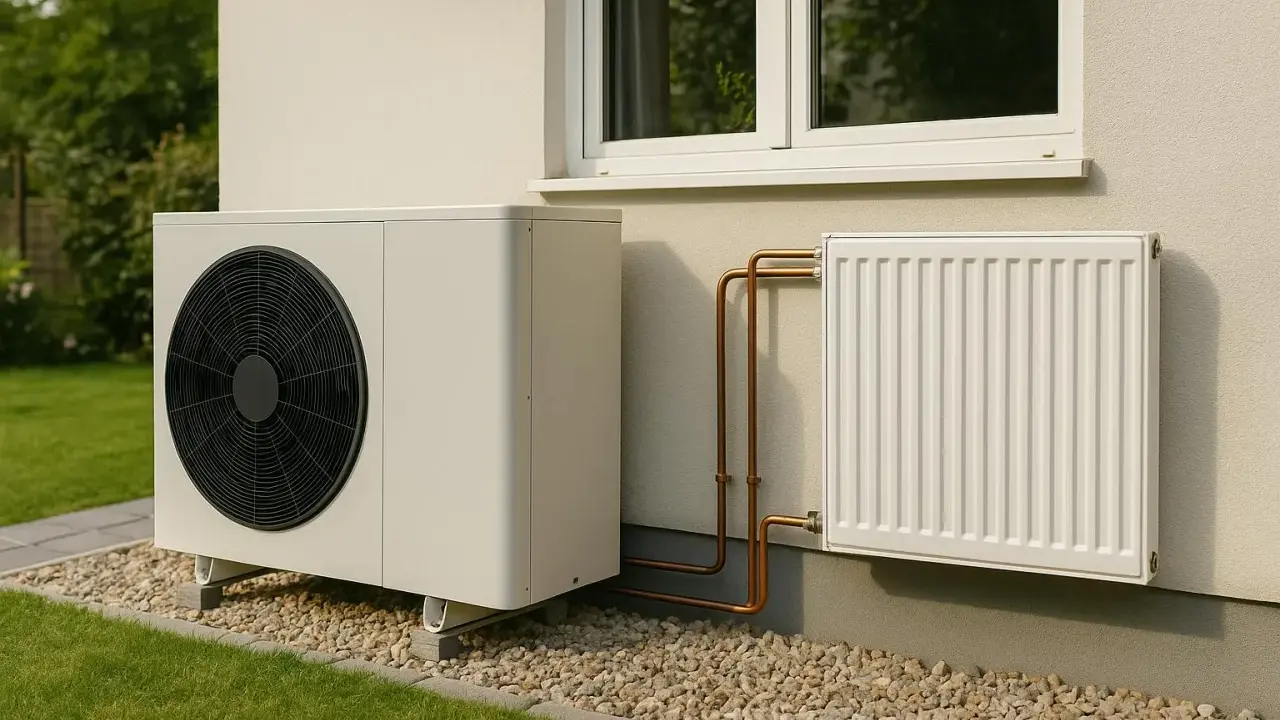 Unité extérieure d'une pompe à chaleur installée près d'un radiateur électrique blanc, avec des tuyaux en cuivre reliant les deux.