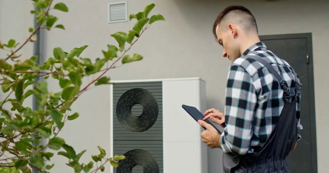 Un technicien vérifie une pompe à chaleur, soulignant l'avantage d'une solution de chauffage écologique et économique.
