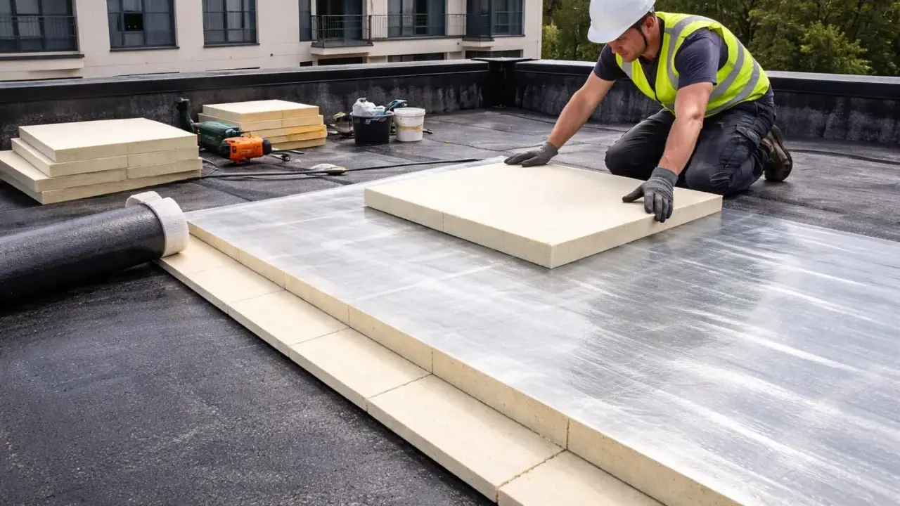 Un ouvrier pose des panneaux pour l'isolation d'un toit terrasse.