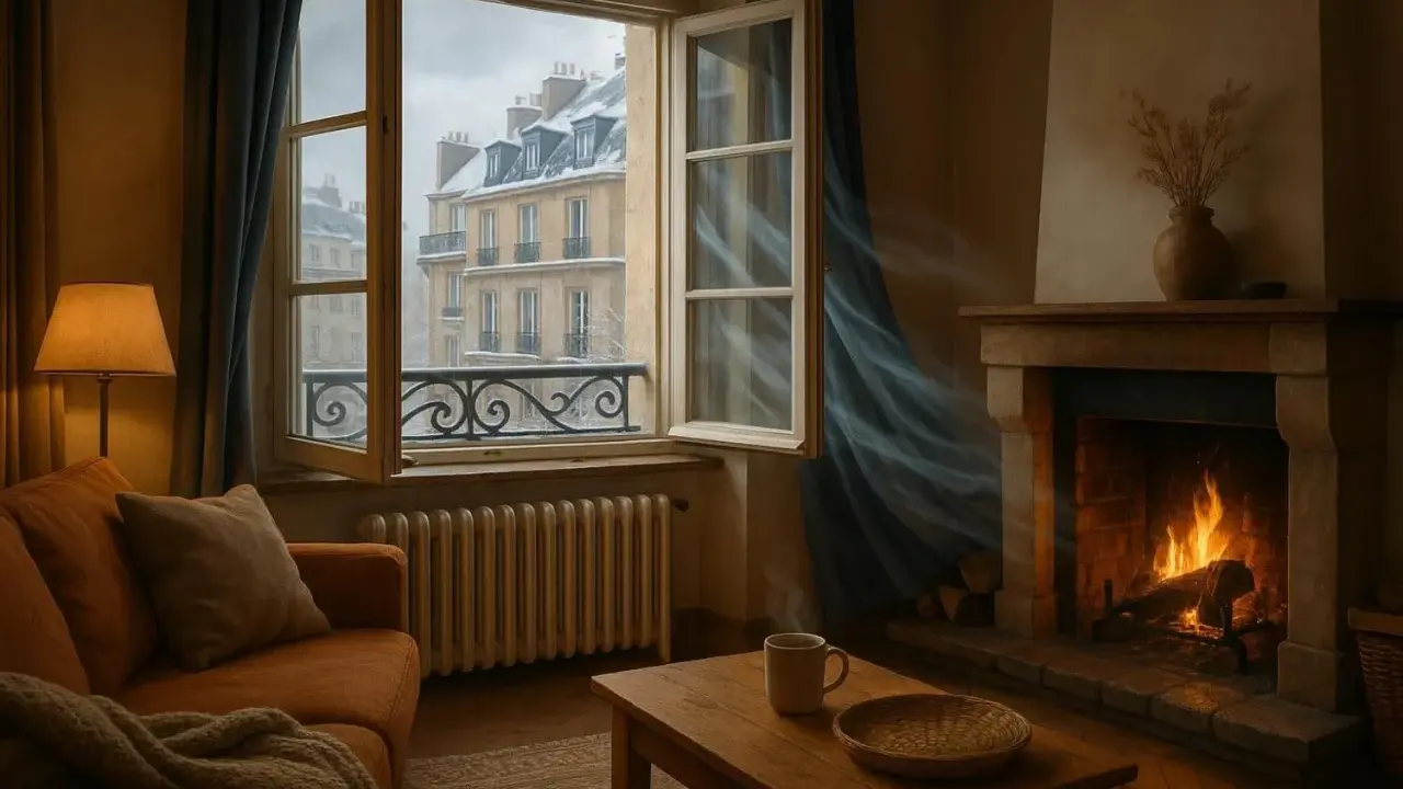 Salon cosy avec feu de cheminée, fenêtre ouverte sur un paysage enneigé. L'air frais circule, offrant une agréable **aération maison**.