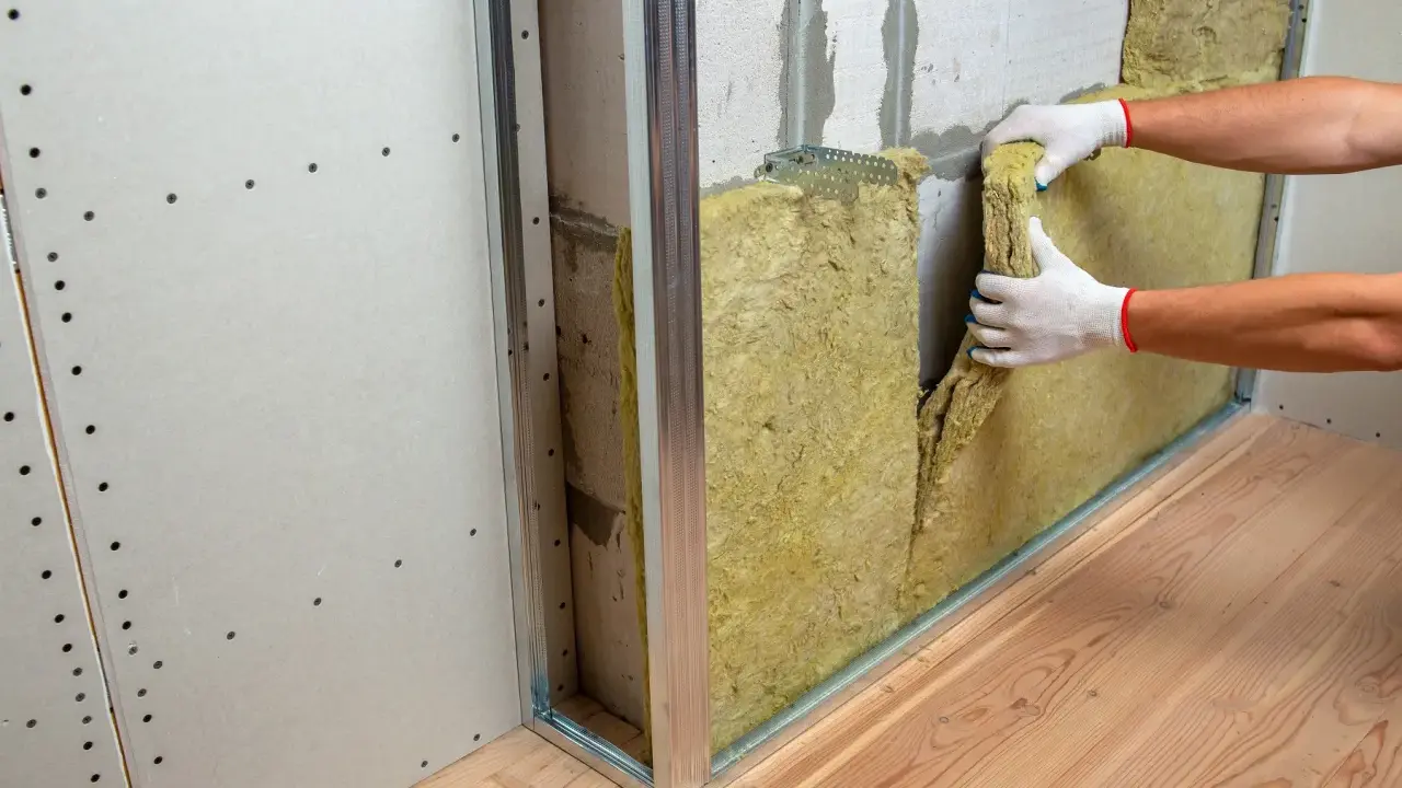 Pose d'isolant minéral pour comment insonoriser une chambre à coucher. Pose de laine de roche dans une structure métallique.