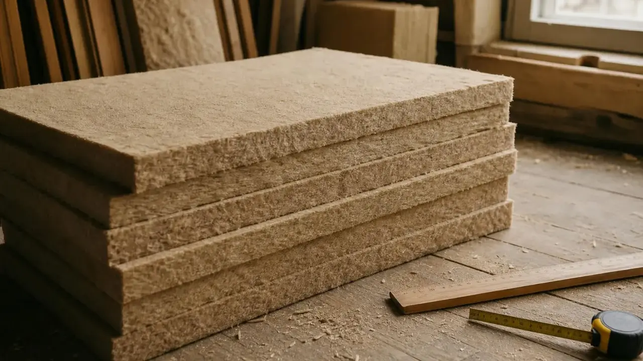 Panneau de fibre de bois empilé, prêt pour l'isolation. Un inconvénient potentiel : la poussière.