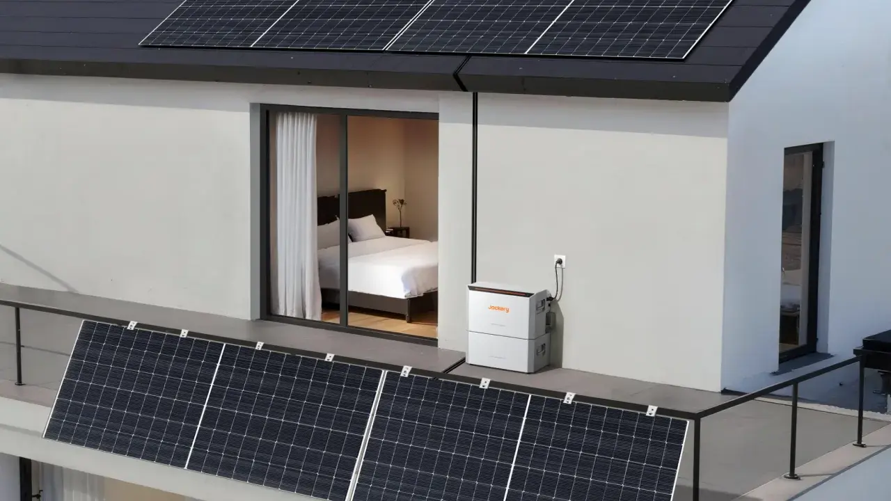 Panneaux solaires sur un toit et une terrasse, connectés à une batterie Jackery. Un avis sur un panneau solaire plug and play.