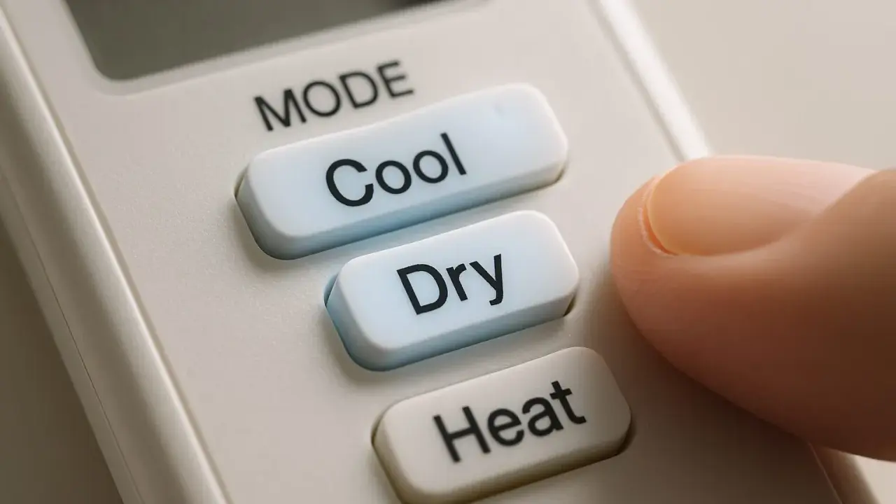 Doigt appuyant sur le bouton "Cool" d'une télécommande de climatiseur. Le mode cool est idéal pour les journées chaudes.