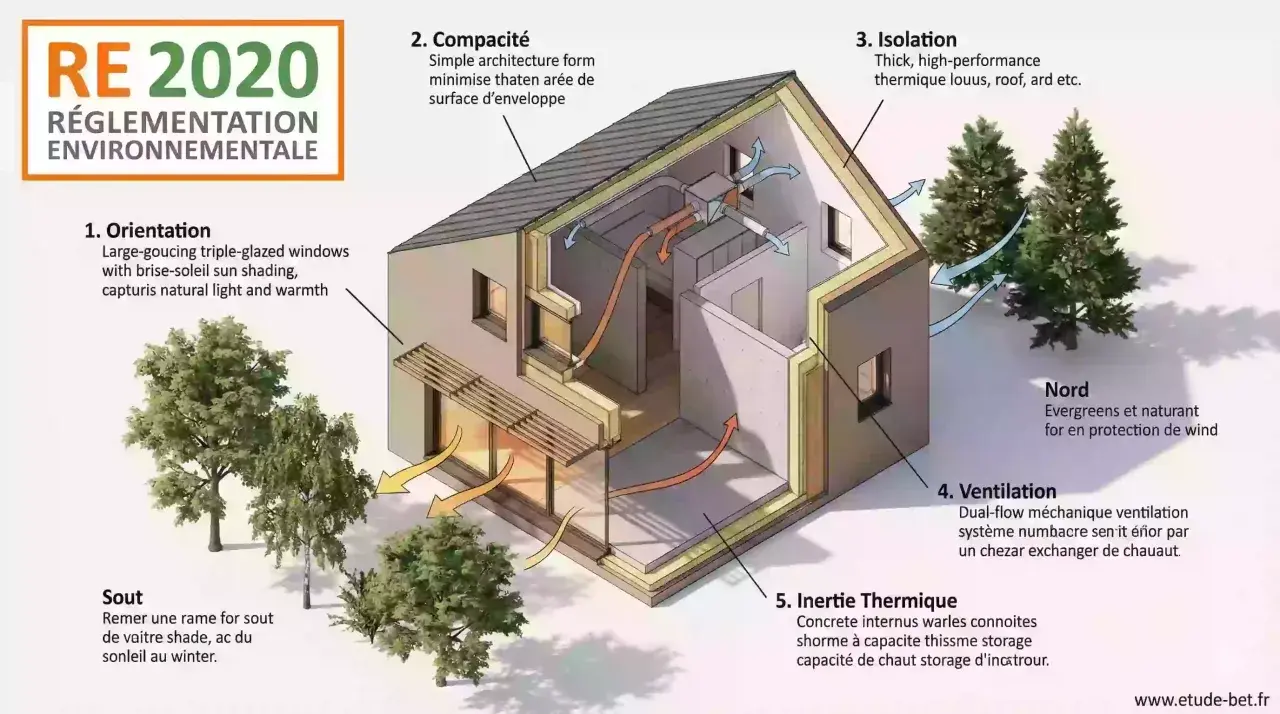 Maison économe en énergie RE 2020 : orientation, compacité, isolation, ventilation et inertie thermique pour un confort durable.