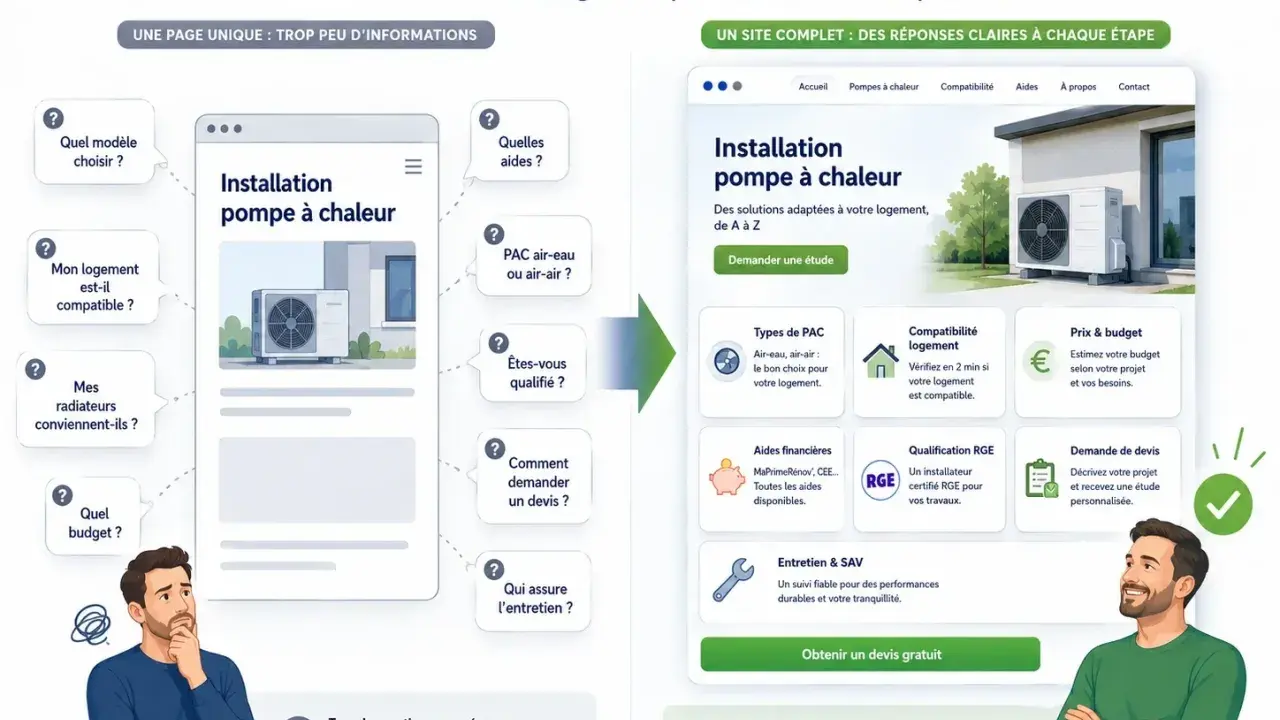 Un homme perplexe face à une page web sur l'installation de pompe à chaleur. Le site "prime cee climatisation" propose des réponses claires pour un projet réussi.
