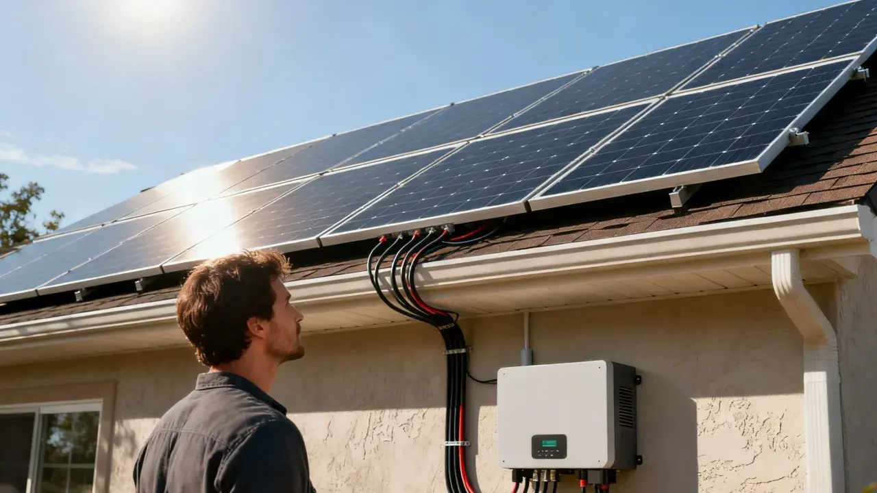 Un homme regarde des panneaux solaires sur un toit. Un onduleur est fixé au mur, gérant l'énergie grâce à la technologie MPPT pour une efficacité maximale.