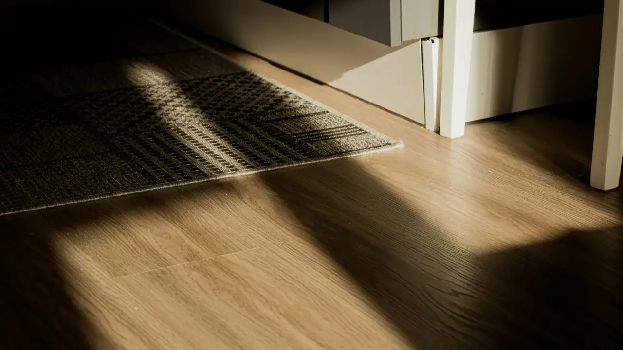 Rayons de soleil traversant un tapis sur un plancher de bois. L'isolation du plancher bois est discrète sous le tapis.