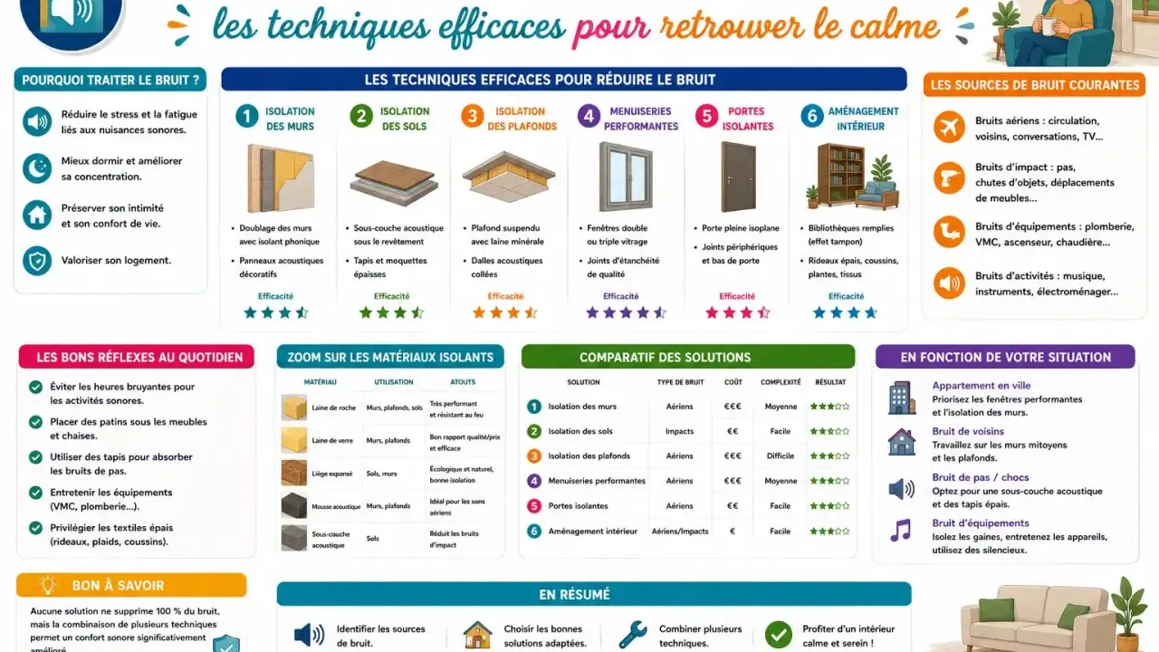 Les techniques efficaces pour réduire le bruit : isolation des murs, sols, plafonds, menuiseries, portes et aménagement intérieur pour une isolation phonique optimale.