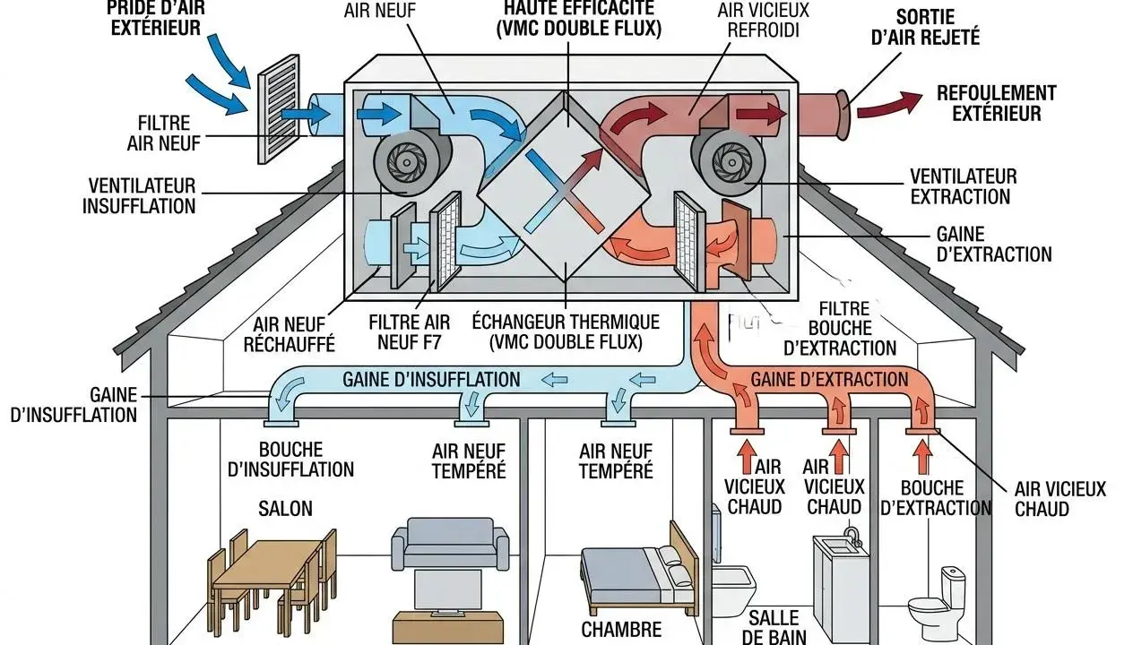 Schéma d'une VMC double flux. Ce système gère l'air intérieur pour éviter l'humidité maison, en filtrant et réchauffant l'air neuf tout en évacuant l'air vicié.