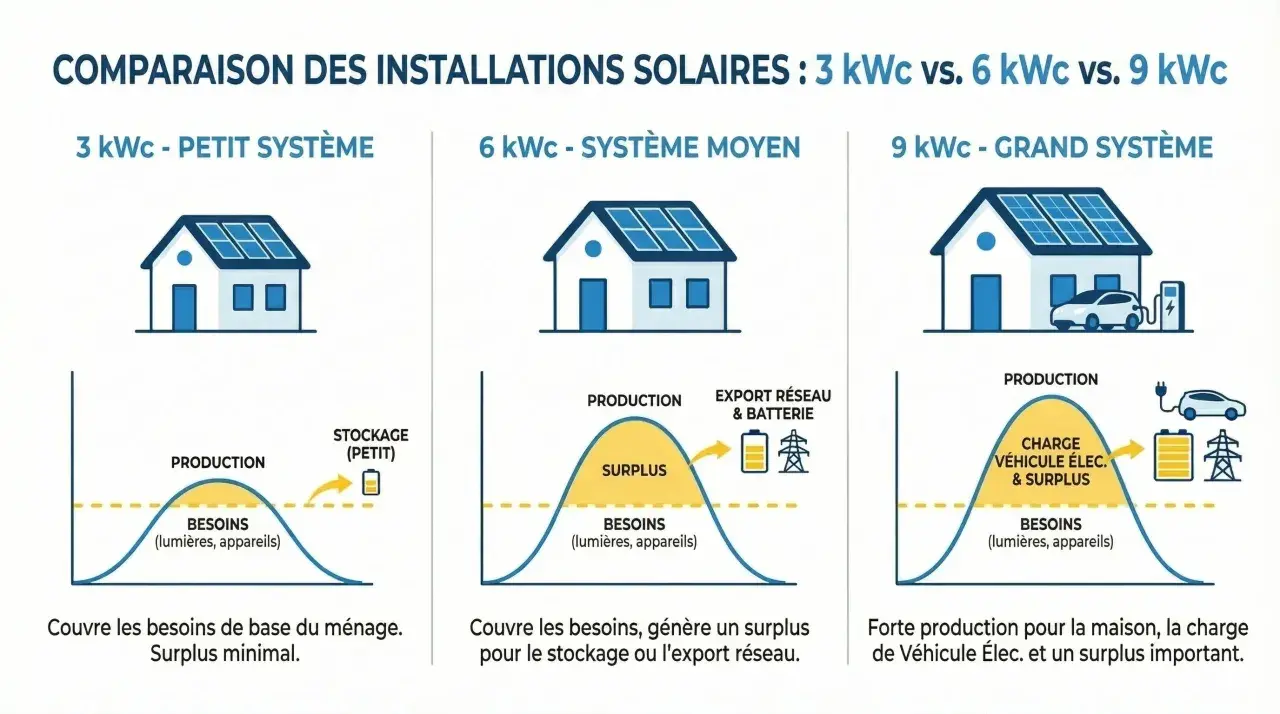 Comparaison de la puissance panneau solaire : 3, 6 et 9 kWc. Le système 9 kWc offre une forte production pour la maison, la recharge de véhicule électrique et un surplus important.