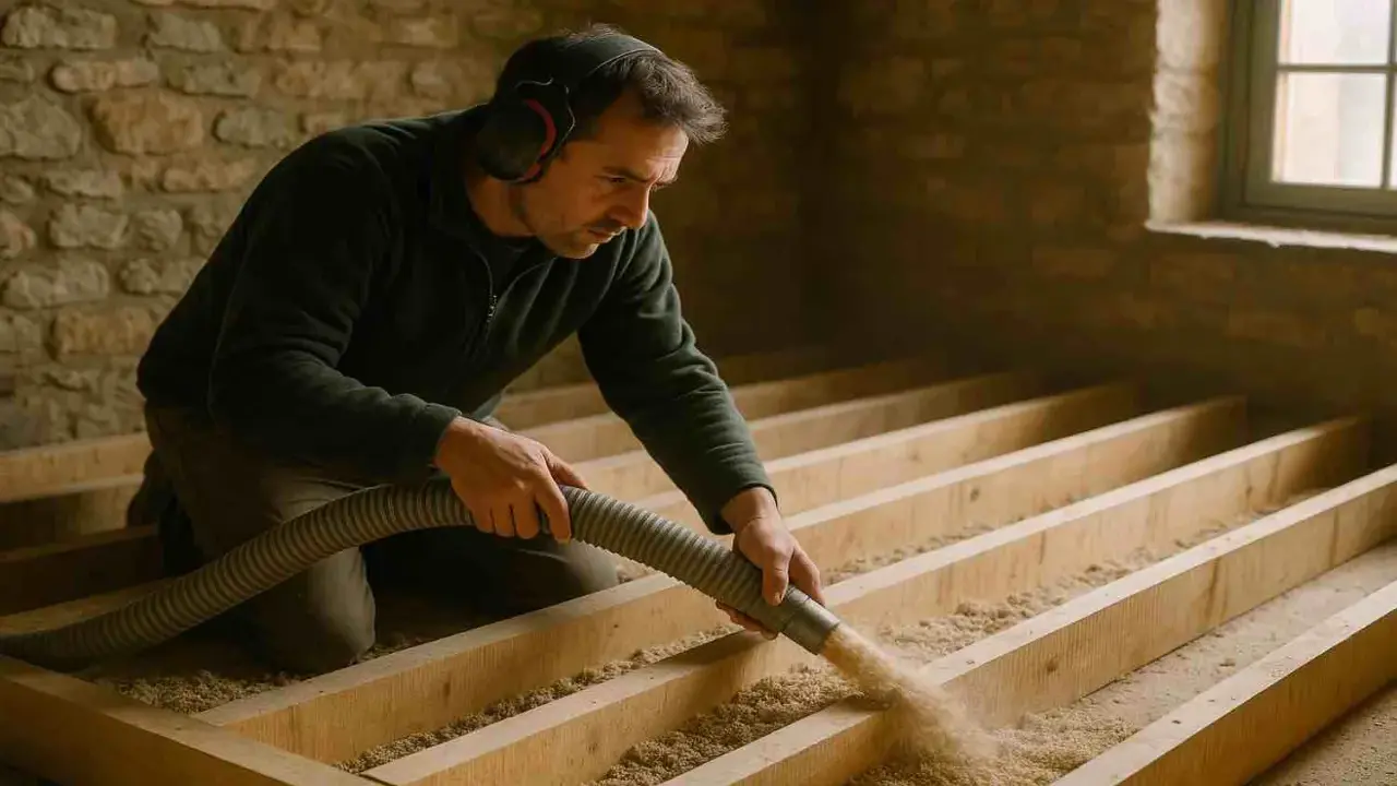 Pose d'isolation chanvre : prix m2. Un homme installe un isolant naturel dans une structure en bois.
