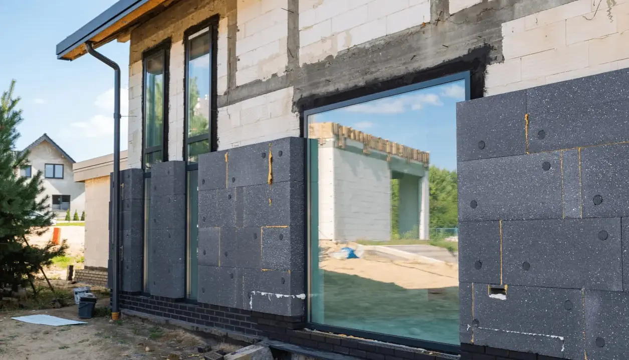 Maison en construction avec isolation par l'extérieur en panneaux gris. Les fenêtres reflètent le ciel bleu et un autre bâtiment.