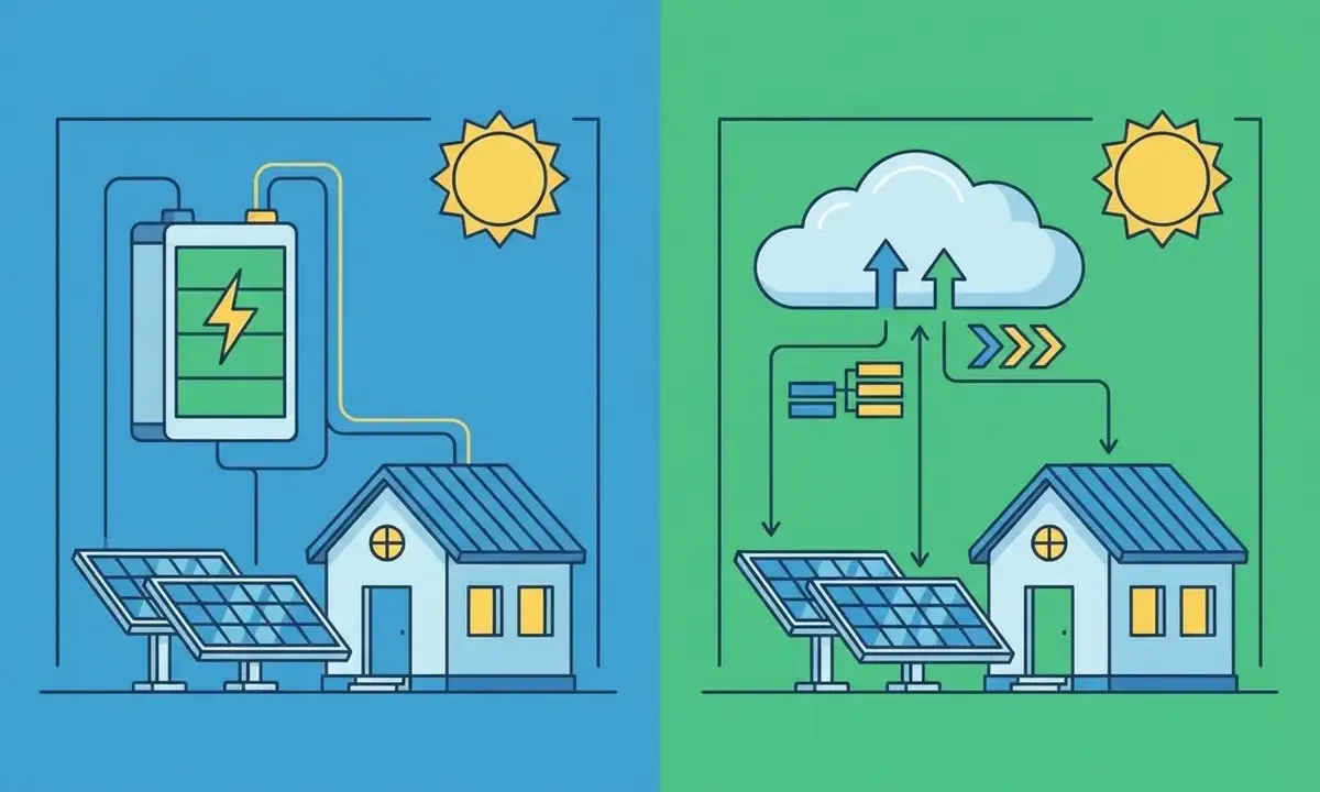 Comparaison entre une batterie virtuelle photovoltaïque et un stockage cloud pour l'énergie solaire.