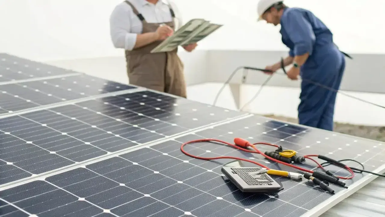 Techniciens effectuant le calcul batterie solaire, avec des panneaux solaires et du matériel de mesure.