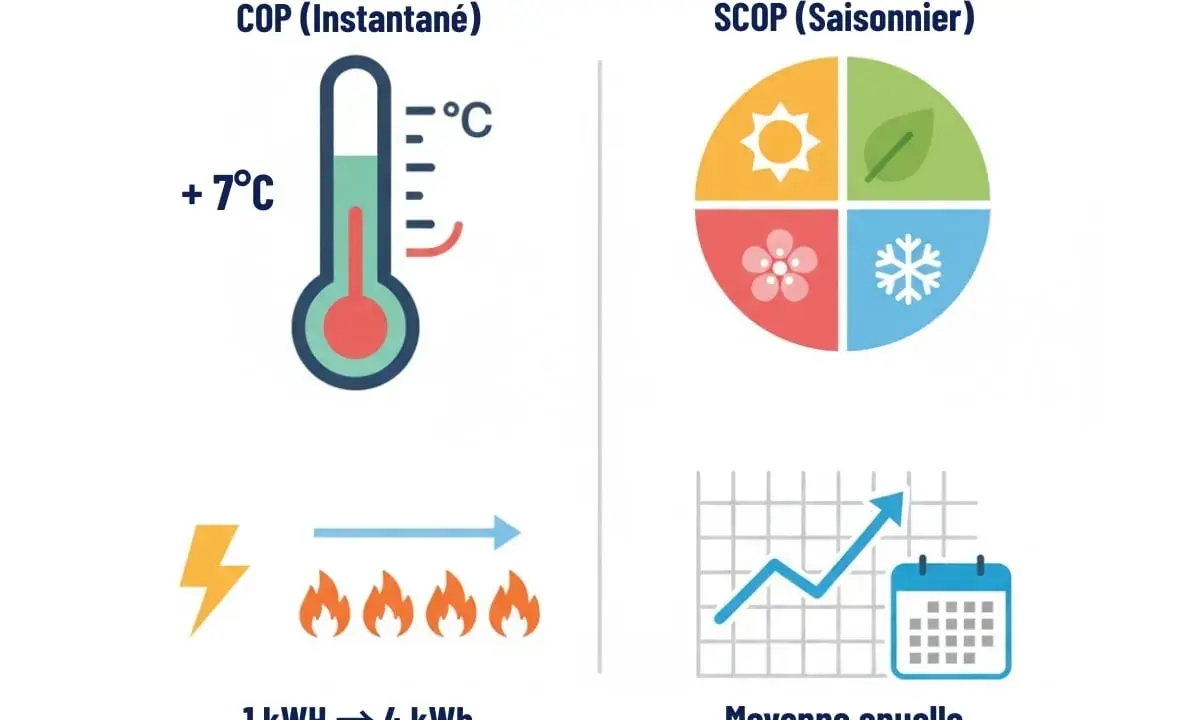 Illustration du rendement d'une pompe à chaleur : COP instantané avec thermomètre et 1 kWh pour 4 kWh de chaleur, et SCOP saisonnier avec les saisons et une moyenne annuelle.