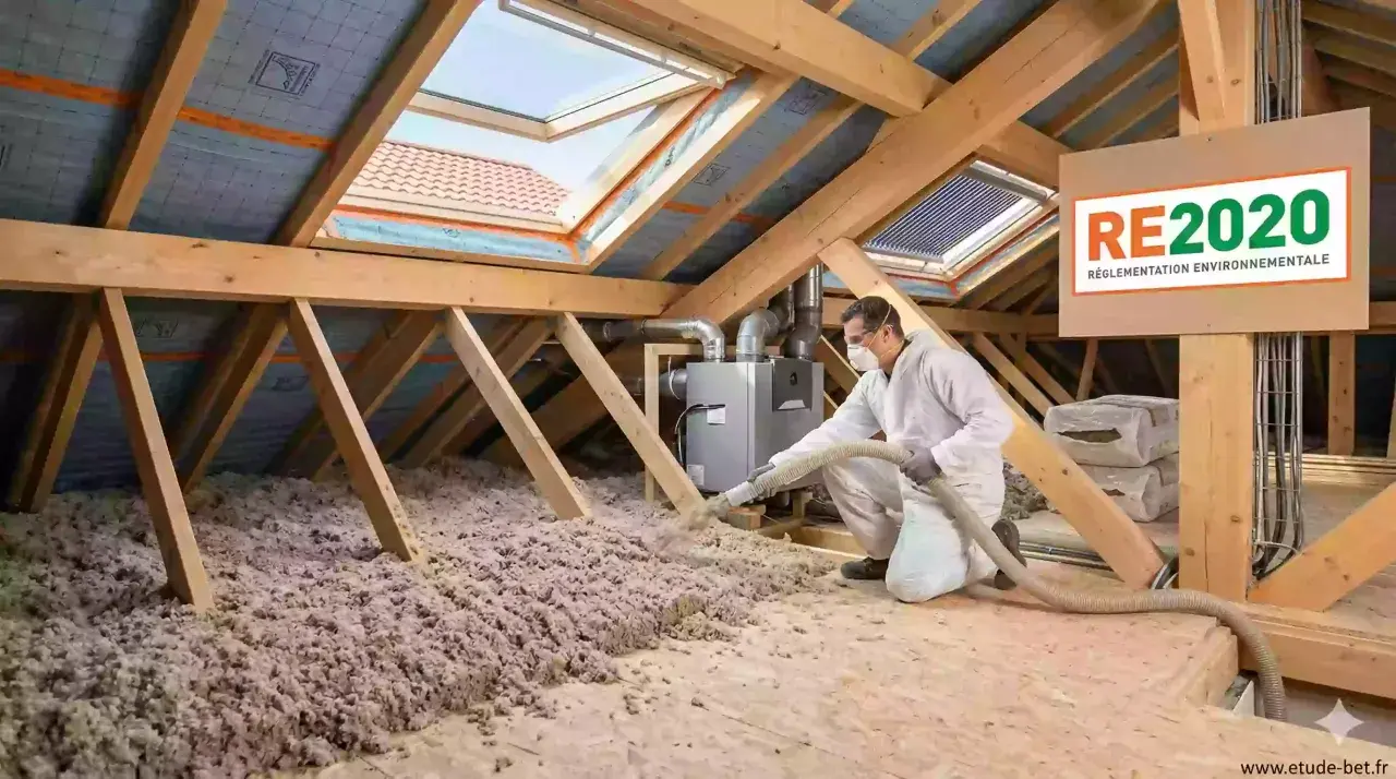 Pose de laine de verre 2 couches dans un grenier pour une isolation optimale, conforme à la RE2020.