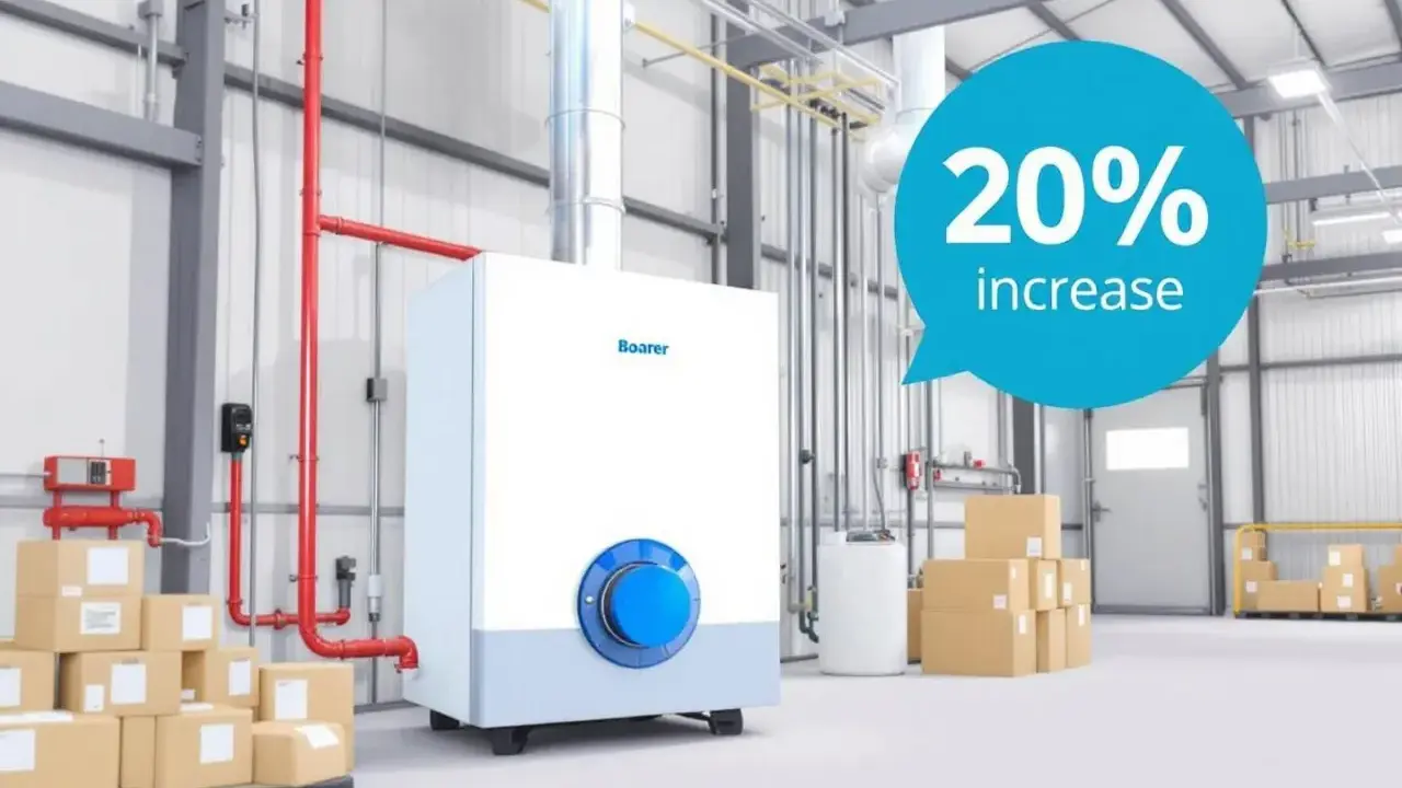 Chaudière gaz Boarer dans un entrepôt. Un message indique "20% increase". Entretien chaudière gaz.