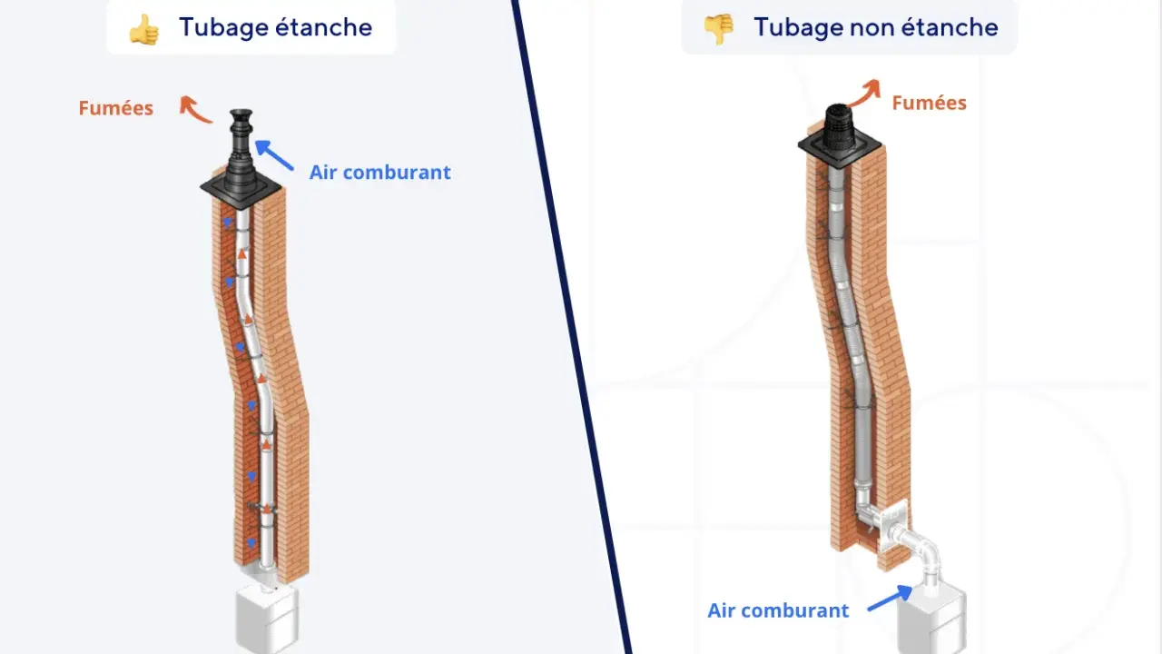 Comparaison de tubages de cheminée : étanche (conforme réglementation) vs non étanche. L'étanche assure une bonne évacuation des fumées et l'apport d'air comburant.