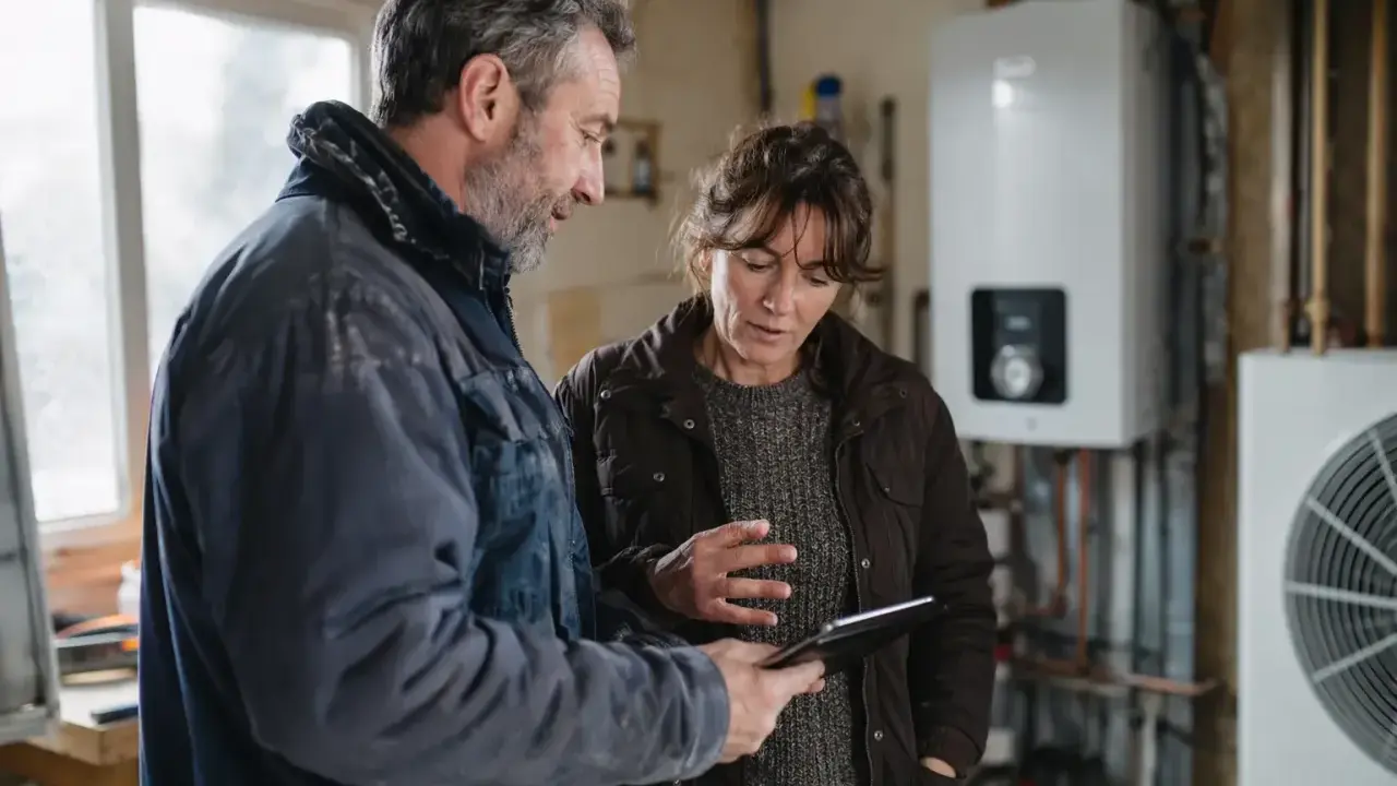 Un couple discute sur une tablette, visiblement déçu par un refus de banque pour un éco-prêt à taux zéro.
