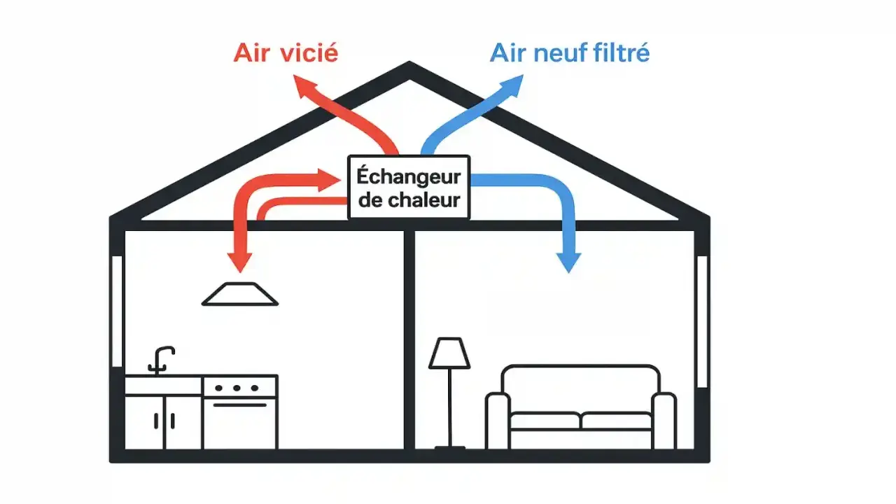 Schéma d'une VMC double flux : l'air vicié sort par la bouche en hauteur, l'air neuf filtré entre.