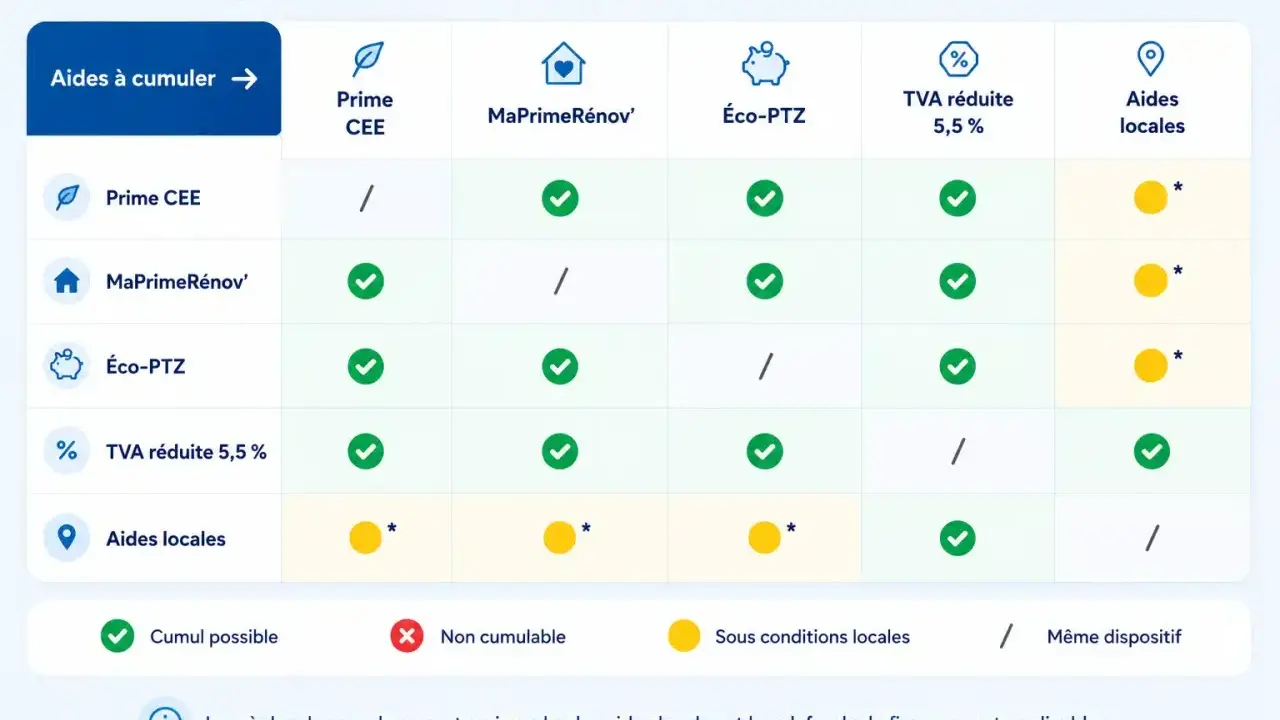 Tableau comparatif des aides cumulables avec la Prime CEE : MaPrimeRénov', Éco-PTZ, TVA réduite 5,5% et aides locales.