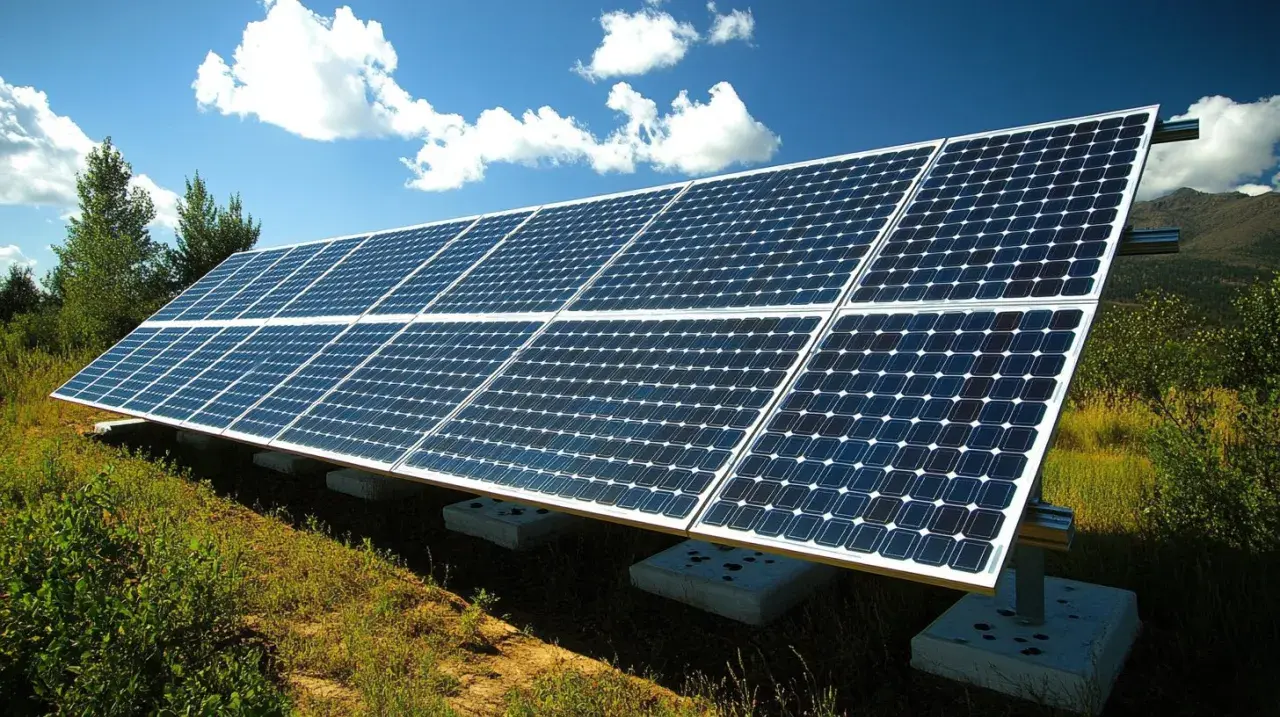 Panneaux solaires installés sur un terrain herbeux, sous un ciel bleu avec des nuages. Idéal pour apprendre comment installer des panneaux solaires soi même.