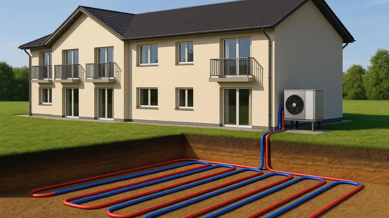 Vue d'une maison avec une installation géothermie. Des tuyaux rouges et bleus serpentent dans le sol, connectés à une unité extérieure.
