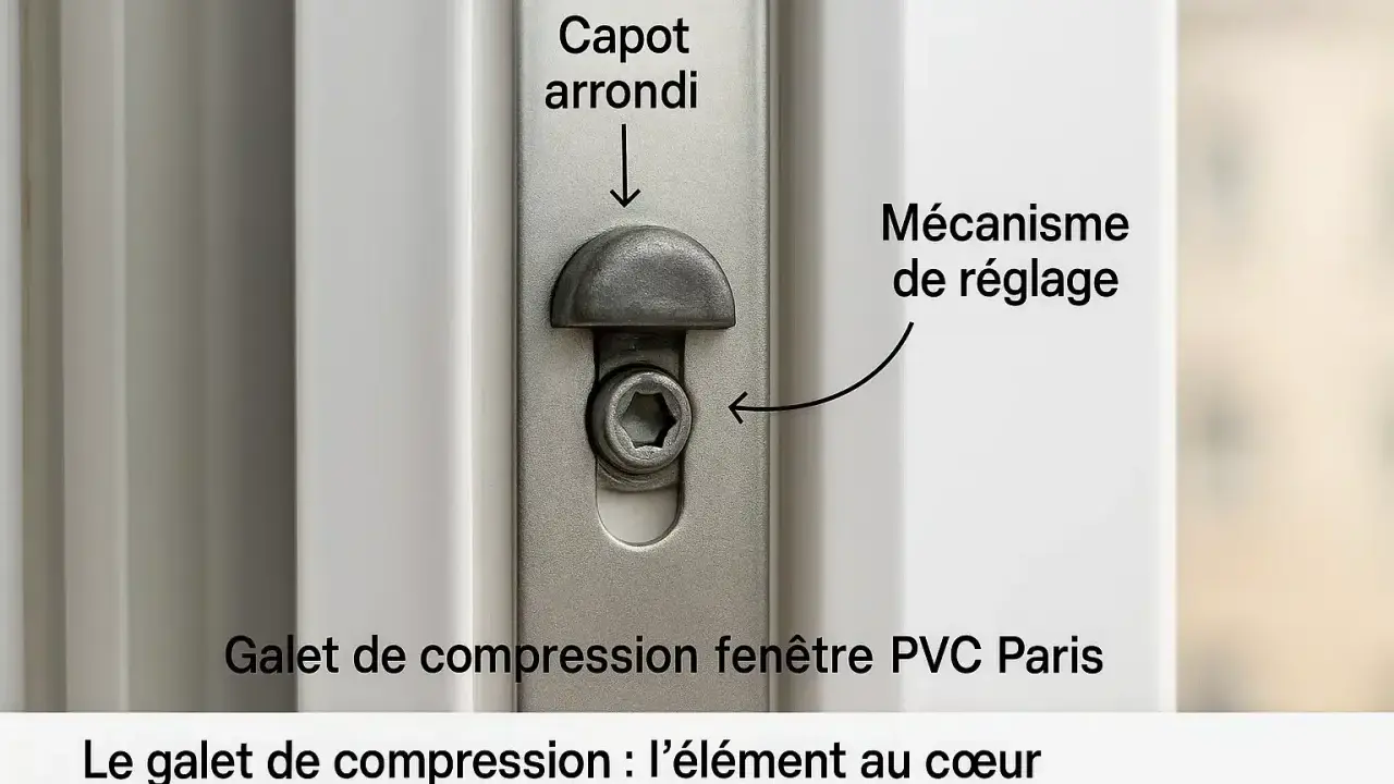 Détail d'un galet de compression sur une fenêtre PVC, élément clé du prétendu "mode hiver".