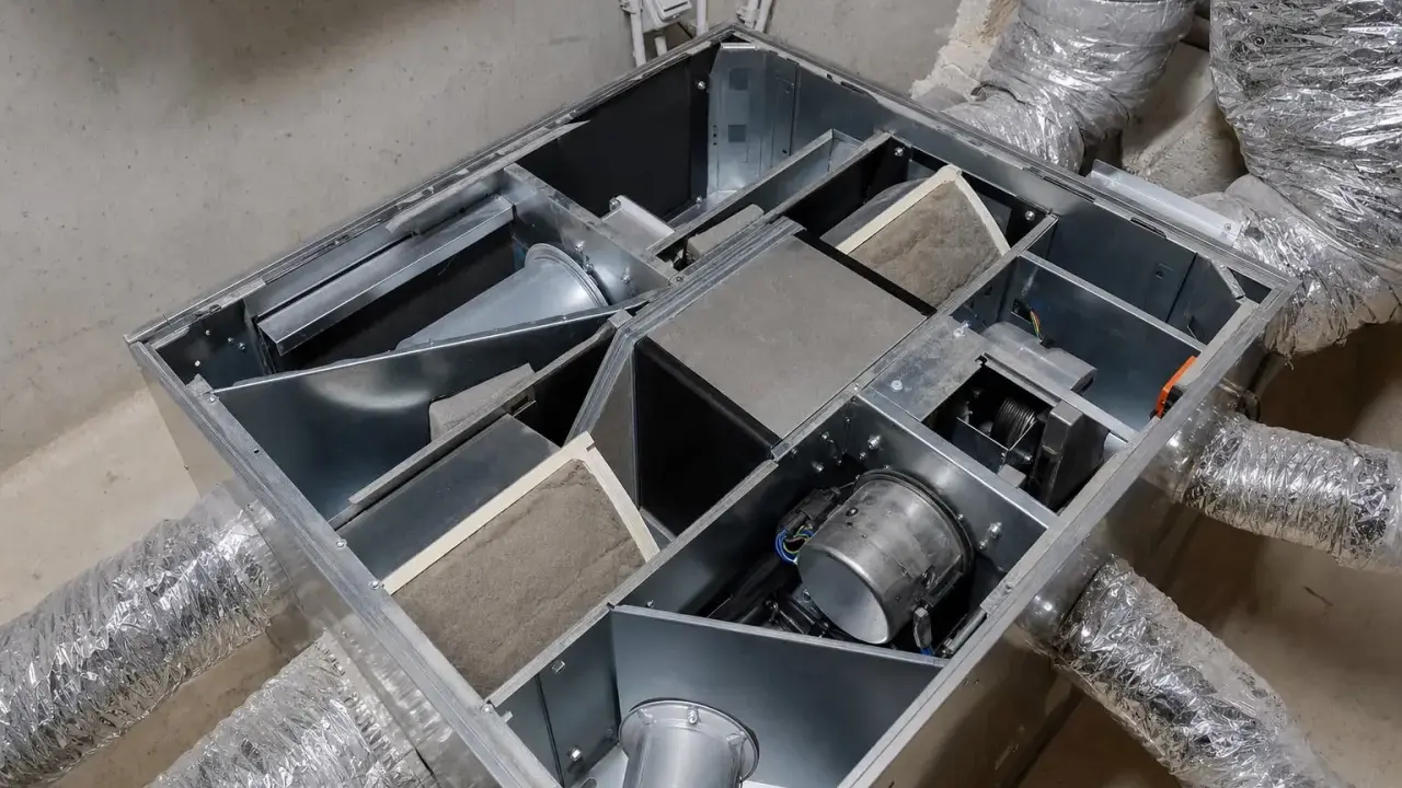 Vue détaillée d'une unité VMC double flux, prête pour son entretien. Les filtres et le ventilateur sont visibles dans le caisson métallique.