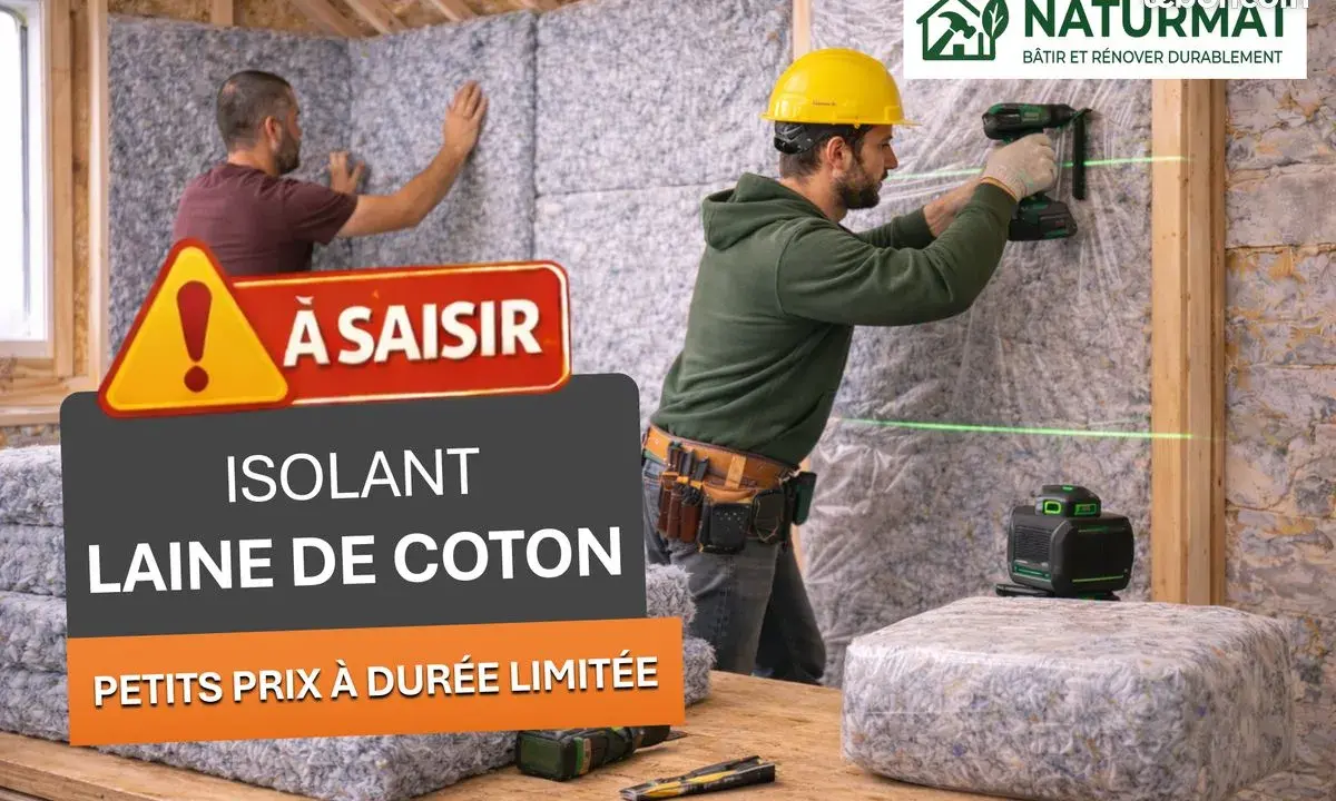 Pose d'isolant en laine de coton dans un chantier. Offre spéciale "À saisir" sur cet isolant naturel.