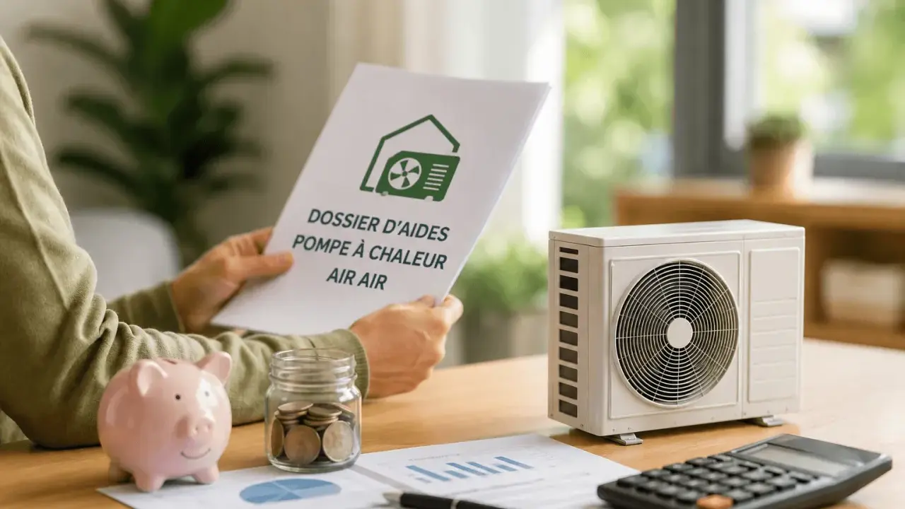 Une personne examine un dossier sur le prix d'une pompe à chaleur air air, avec une tirelire et une calculatrice à proximité.