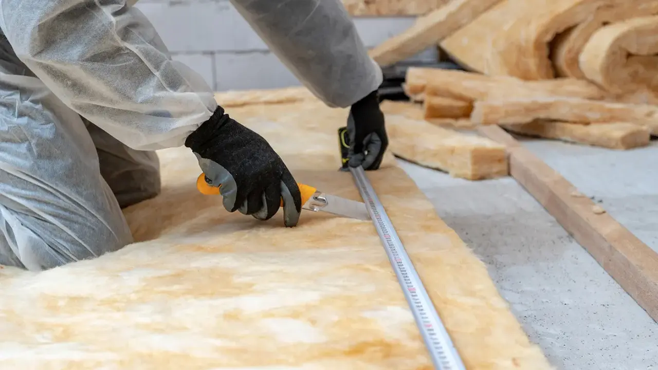 Pose d'isolant pour optimiser la résistance thermique du bois. Un ouvrier mesure et découpe la laine de verre.