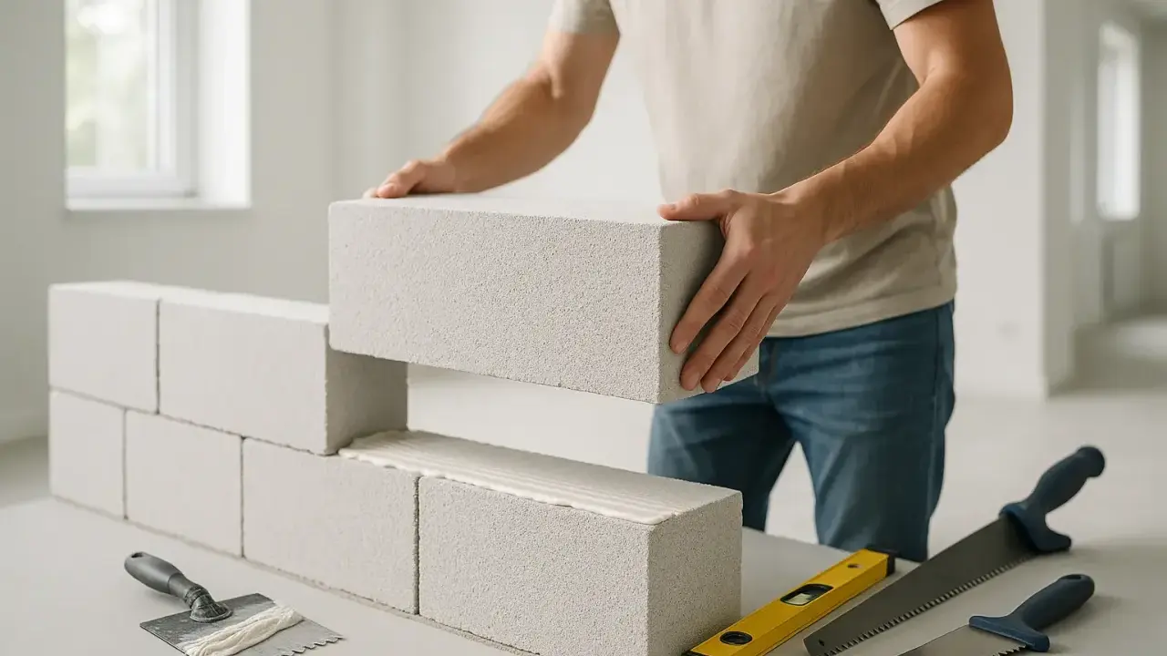Un maçon pose une brique de béton cellulaire isolant. Des outils de maçonnerie sont visibles.