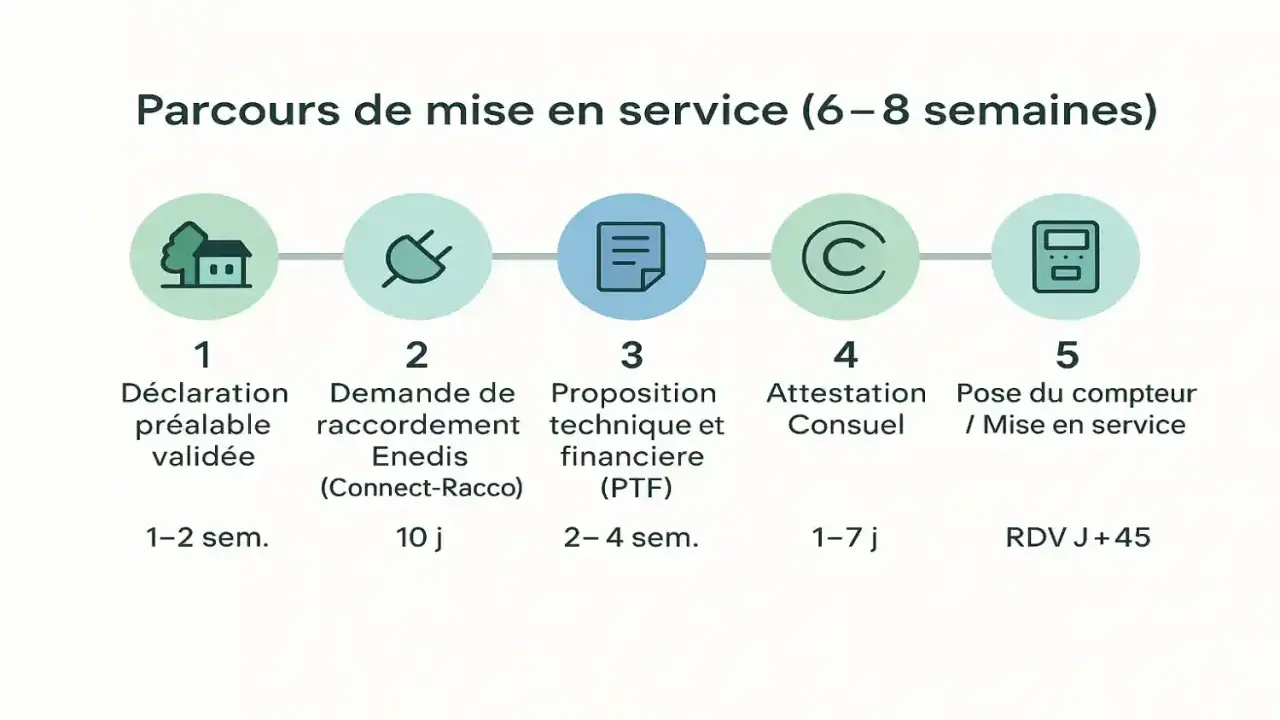 Schéma des étapes pour la mise en service d'un panneau photovoltaïque, incluant l'attestation de conformité Consuel.