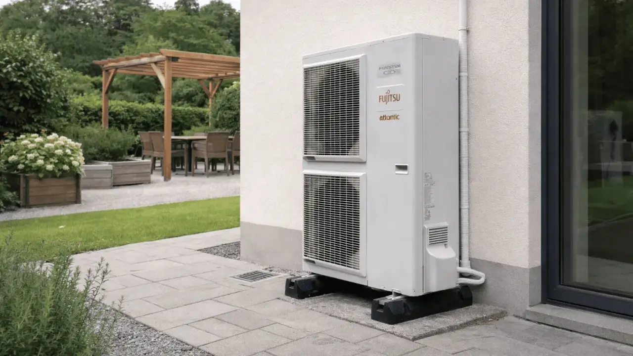 Unité extérieure d'une pompe à chaleur Fujitsu Atlantic, installée sur une terrasse. L'image suggère la fiabilité et la durée de vie d'une pompe à chaleur.