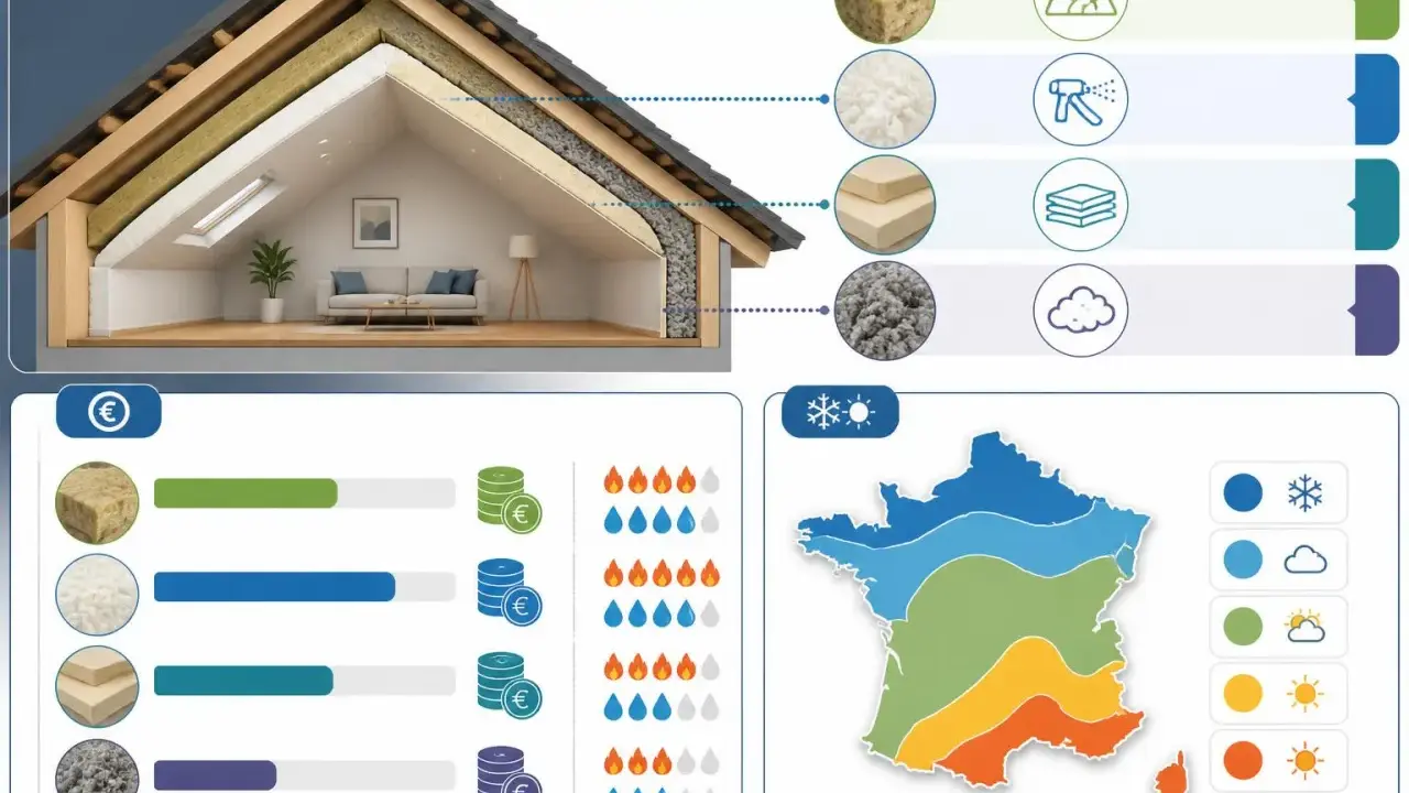 Coupe d'une maison montrant l'isolation des combles aménageables avec différents matériaux et leur coût. Carte de France des zones climatiques.