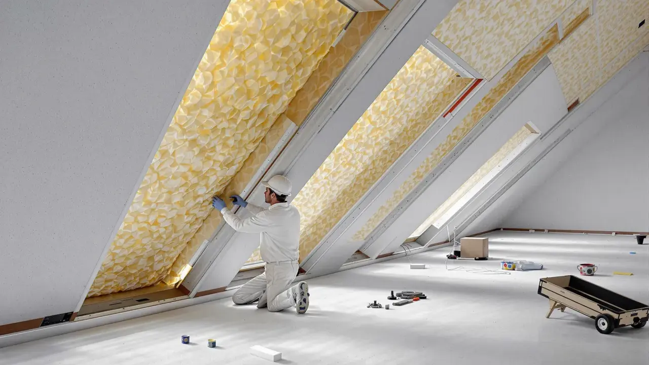 Un ouvrier installe un matériau isolant jaune texturé dans un grenier, assurant le meilleur isolant thermique pour la maison.