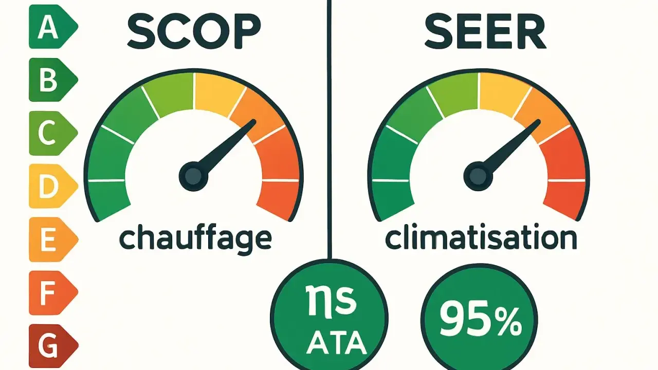 Indicateurs SCOP et SEER pour l'efficacité énergétique saisonnière. Le chauffage est à 95%, la climatisation est bonne.