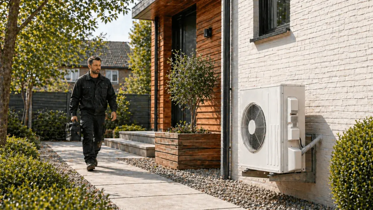 Un technicien se dirige vers une pompe à chaleur air air non réversible installée sur un mur de briques.