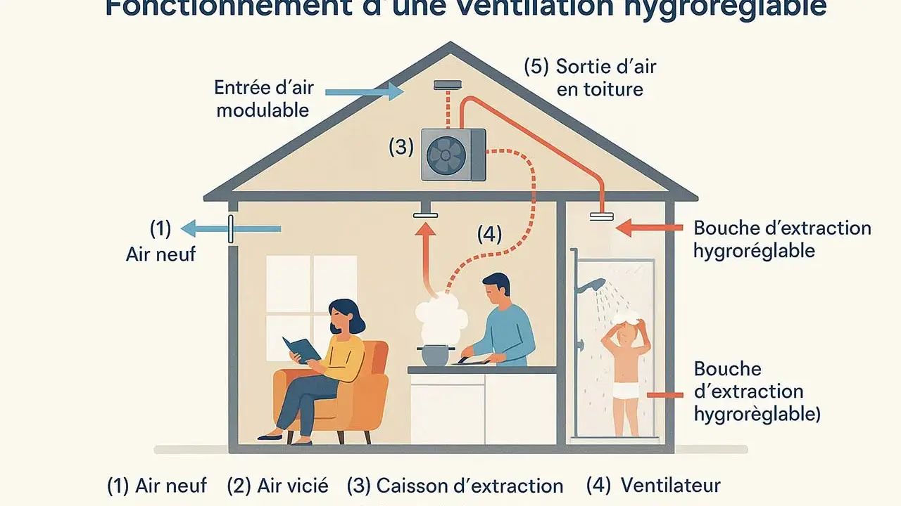 Schéma du fonctionnement d'une ventilation hygroréglable : air neuf entrant, air vicié extrait par bouches hygroréglables, ventilateur et sortie en toiture.