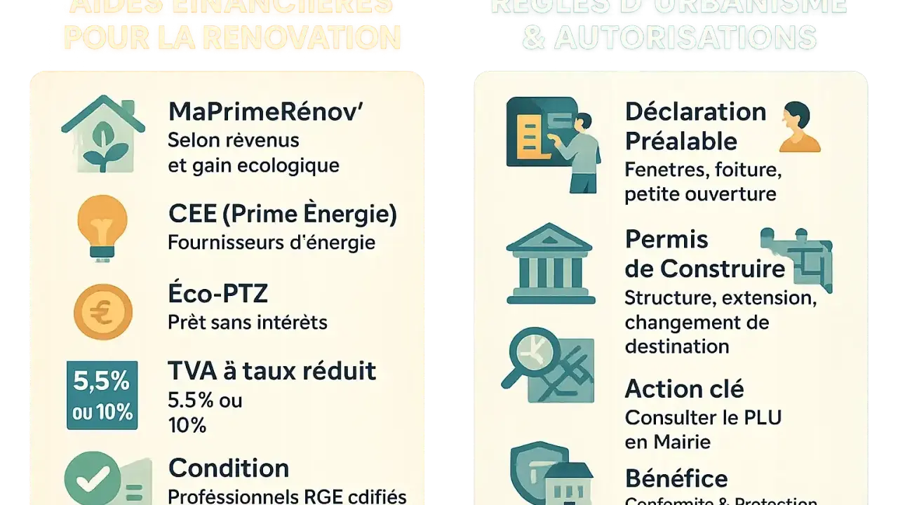 Aide rénovation maison ancienne : MaPrimeRénov', CEE, Éco-PTZ, TVA réduite. Règles d'urbanisme : Déclaration préalable, Permis de construire.