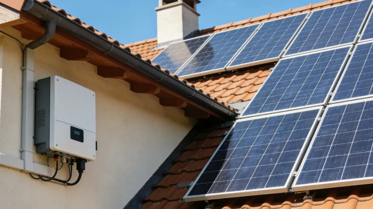 Panneau solaire sur un toit avec un onduleur blanc. Pour savoir si un onduleur ne fonctionne plus, vérifiez son écran ou les voyants lumineux.