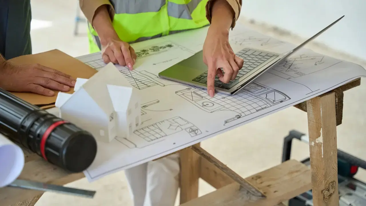 Architectes discutent des plans, pointant du doigt l'emplacement idéal pour installer la VMC dans le modèle de maison.
