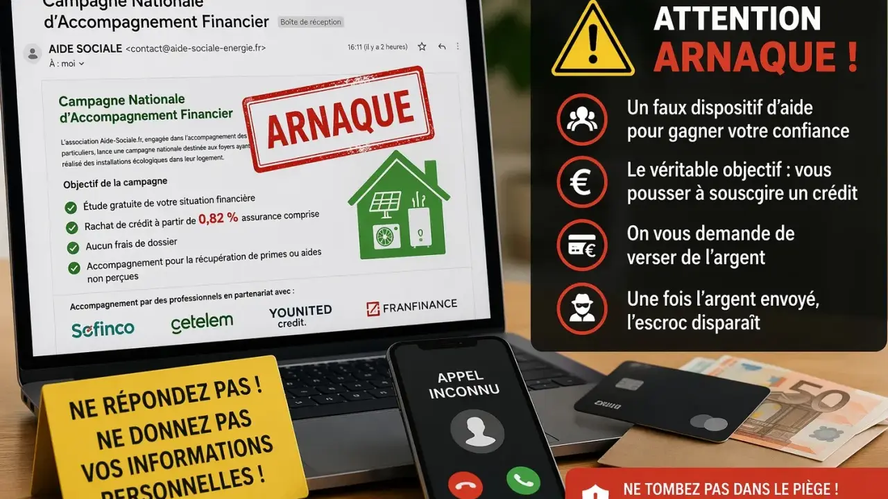 Attention arnaque ! Un faux démarchage pour un bilan énergétique gratuit promet un crédit mais vise à vous escroquer. Ne donnez jamais vos infos.