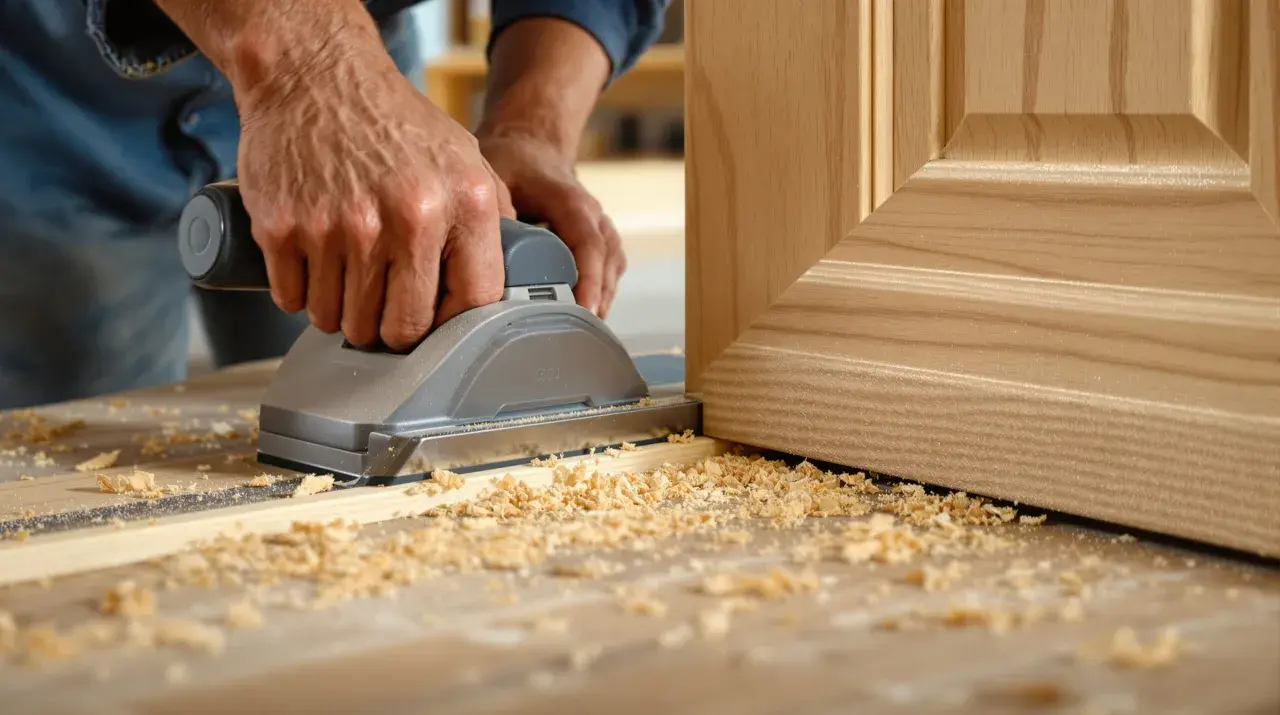 Un artisan utilise une ponceuse pour le détalonnage d'une porte en bois, créant des copeaux fins sur l'établi.
