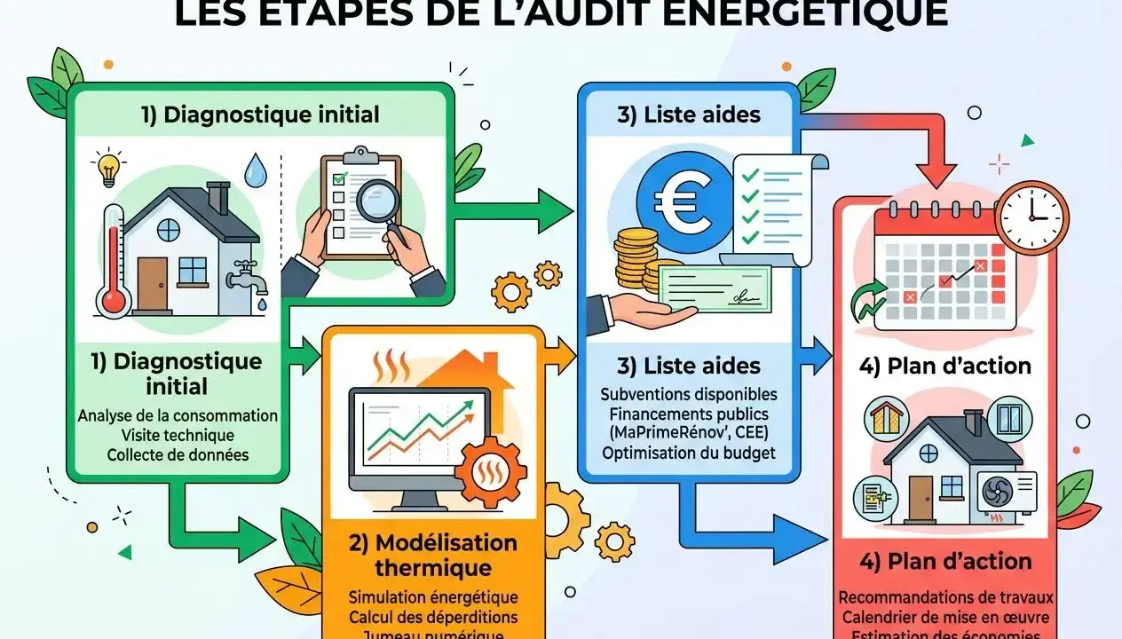Les étapes de l'audit énergétique obligatoire copropriété : diagnostic, modélisation, aides financières et plan d'action pour optimiser votre budget.