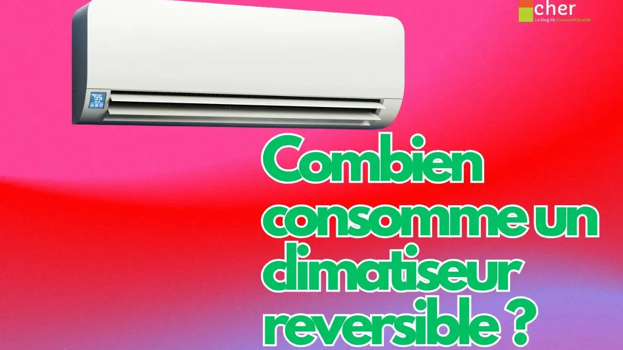 Climatiseur réversible blanc sur fond dégradé rouge et violet. Le texte vert demande : "Combien consomme un climatiseur réversible ?