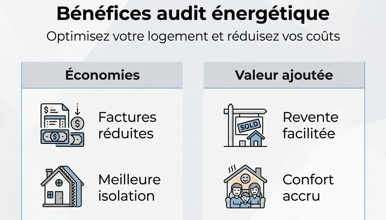 Bénéfices d'un audit énergétique : factures réduites, meilleure isolation, revente facilitée et confort accru. Optimisez votre logement !